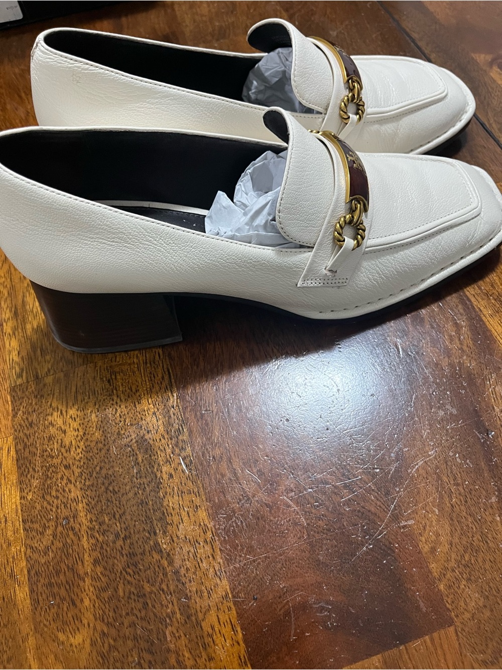 Tory Burch Cream Leather Men's Slip-On Loafers with Gold & Brown Accent - Picture 2 of 5